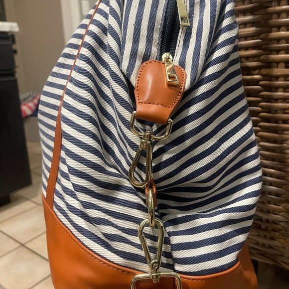 Baosha Nautical Blue and Tan Shoulder Bag with Leather Straps duffel weekender - Picture 3 of 9